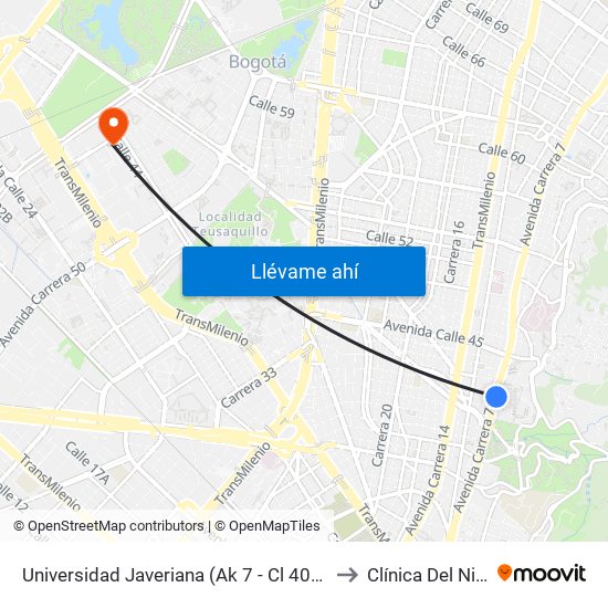 Universidad Javeriana (Ak 7 - Cl 40) (B) to Clínica Del Niño map