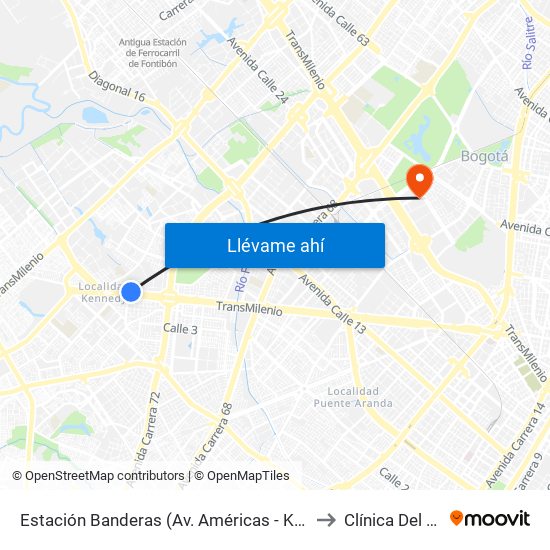 Estación Banderas (Av. Américas - Kr 78a) (A) to Clínica Del Niño map