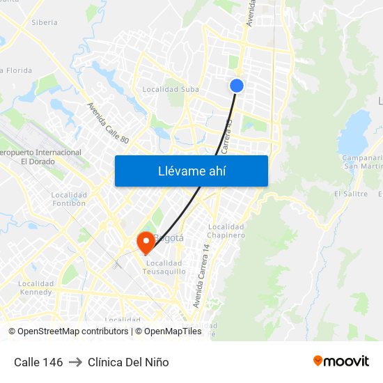 Calle 146 to Clínica Del Niño map
