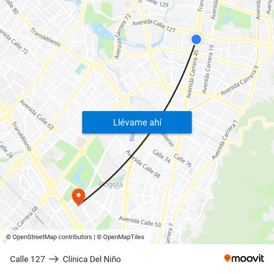 Calle 127 to Clínica Del Niño map