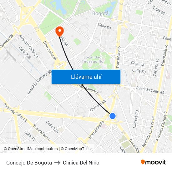 Concejo De Bogotá to Clínica Del Niño map