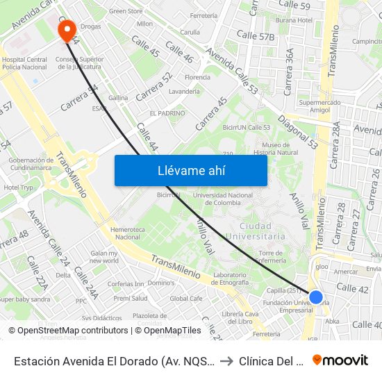 Estación Avenida El Dorado (Av. NQS - Cl 40a) to Clínica Del Niño map