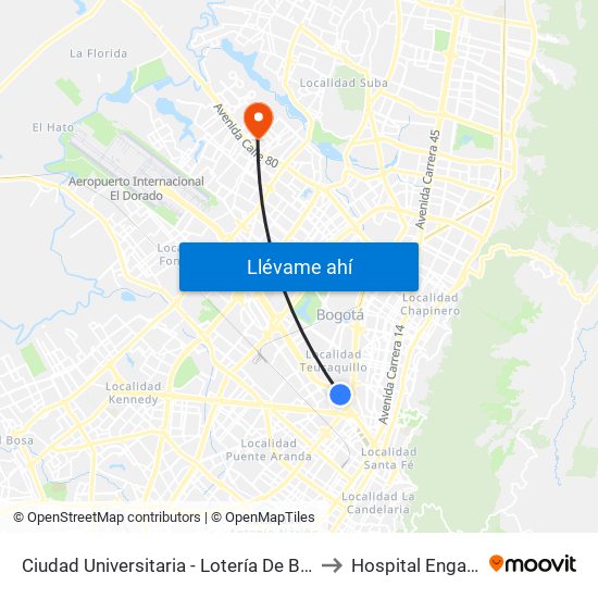 Ciudad Universitaria - Lotería De Bogotá to Hospital Engativa map