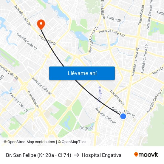 Br. San Felipe (Kr 20a - Cl 74) to Hospital Engativa map