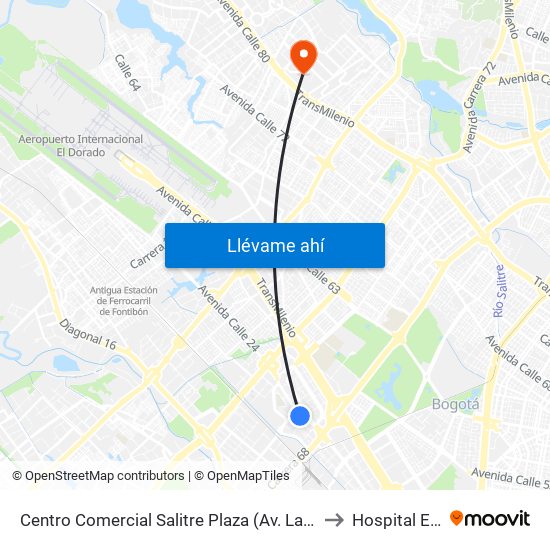 Centro Comercial Salitre Plaza (Av. La Esperanza - Kr 68b) to Hospital Engativa map