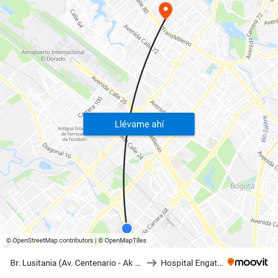 Br. Lusitania (Av. Centenario - Ak 68d) to Hospital Engativa map