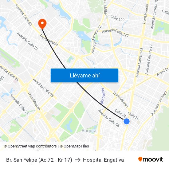 Br. San Felipe (Ac 72 - Kr 17) to Hospital Engativa map