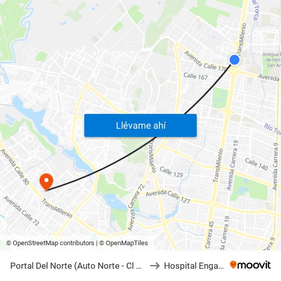 Portal Del Norte (Auto Norte - Cl 174a) to Hospital Engativa map
