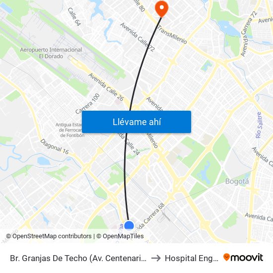 Br. Granjas De Techo (Av. Centenario - Kr 65) to Hospital Engativa map