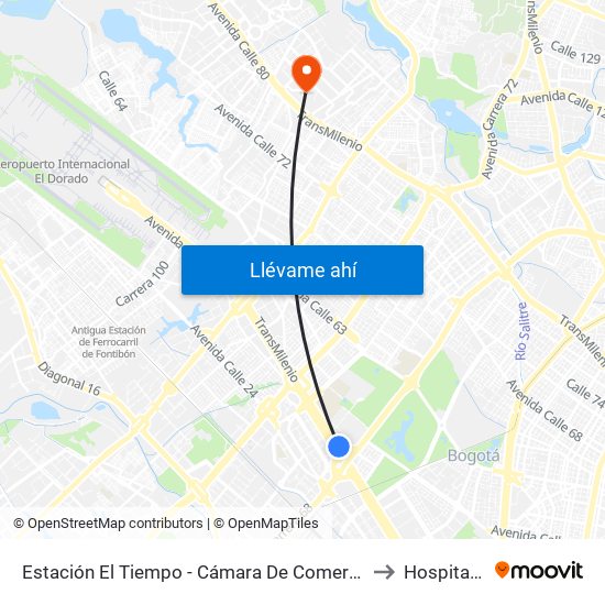 Estación El Tiempo - Cámara De Comercio De Bogotá (Ac 26 - Kr 68b Bis) to Hospital Engativa map