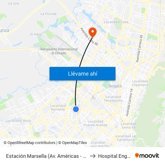 Estación Marsella (Av. Américas - Kr 69b) to Hospital Engativa map