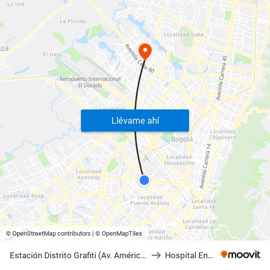 Estación Distrito Grafiti (Av. Américas - Kr 53a) to Hospital Engativa map