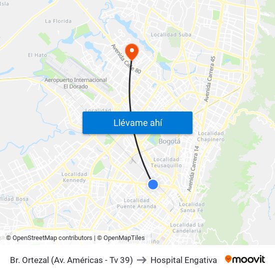 Br. Ortezal (Av. Américas - Tv 39) to Hospital Engativa map