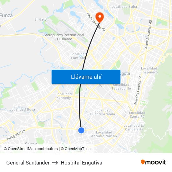 General Santander to Hospital Engativa map