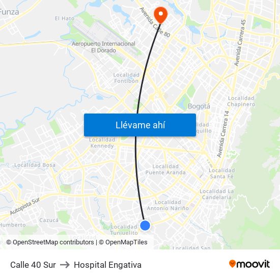 Calle 40 Sur to Hospital Engativa map