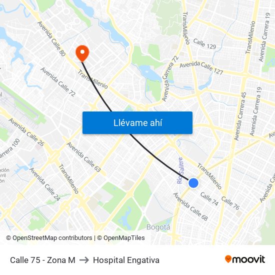 Calle 75 - Zona M to Hospital Engativa map