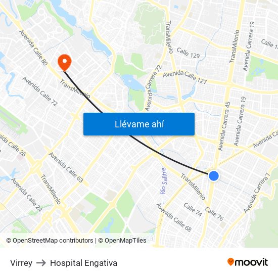 Virrey to Hospital Engativa map