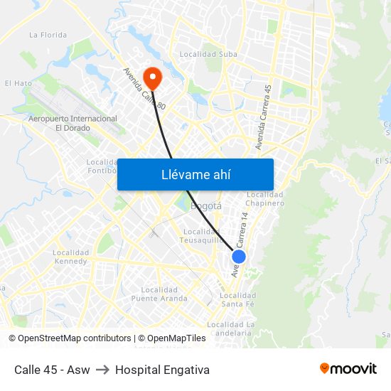 Calle 45 - Asw to Hospital Engativa map