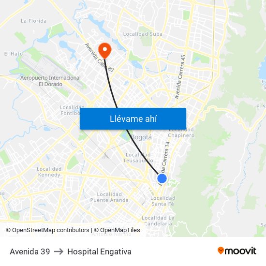 Avenida 39 to Hospital Engativa map