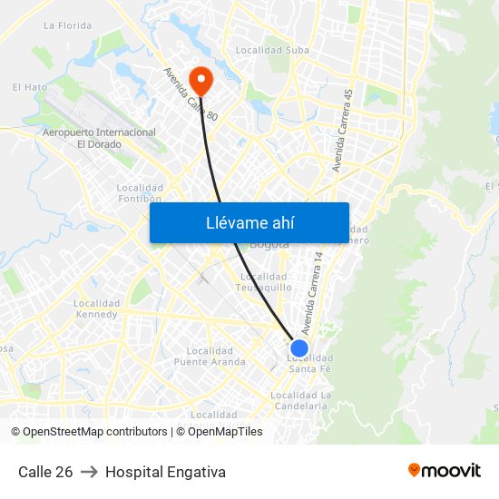 Calle 26 to Hospital Engativa map
