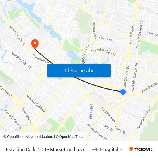 Estación Calle 100 - Marketmedios (Auto Norte - Cl 98) to Hospital Engativa map