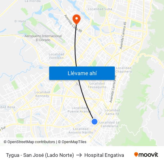 Tygua - San José (Lado Norte) to Hospital Engativa map