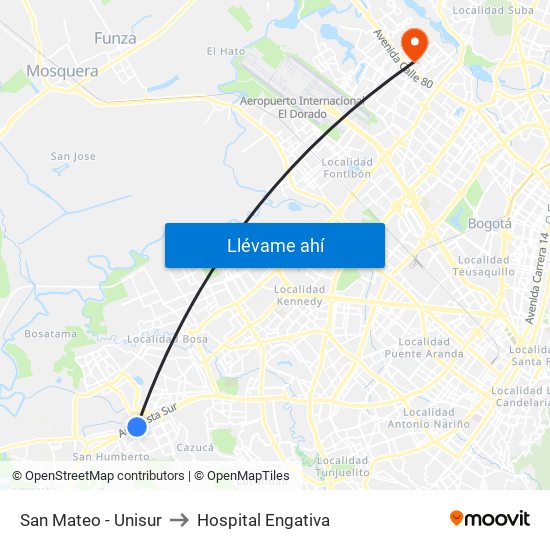 San Mateo - Unisur to Hospital Engativa map