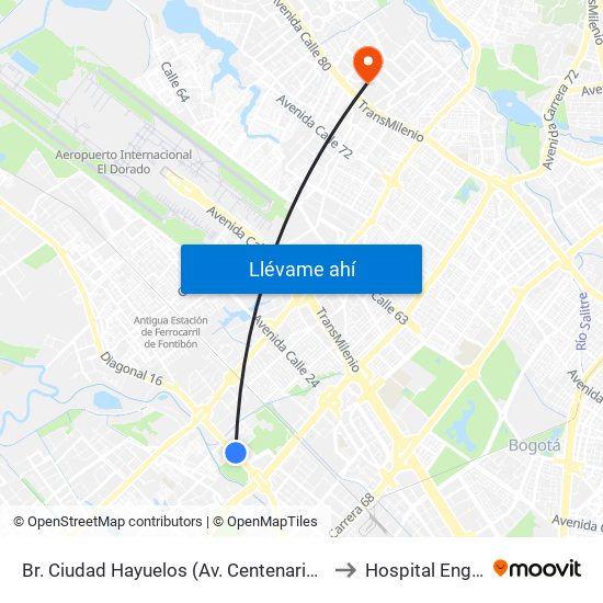 Br. Ciudad Hayuelos (Av. Centenario - Kr 78g) to Hospital Engativa map