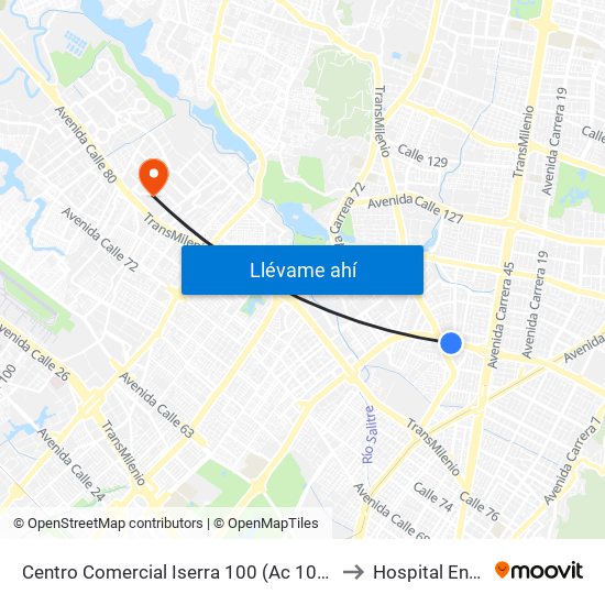Centro Comercial Iserra 100 (Ac 100 - Kr 54) (B) to Hospital Engativa map