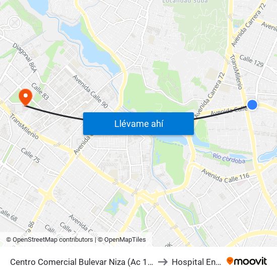 Centro Comercial Bulevar Niza (Ac 127 - Av. Suba) to Hospital Engativa map