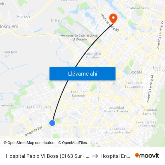 Hospital Pablo VI Bosa (Cl 63 Sur - Kr 77g) (A) to Hospital Engativa map