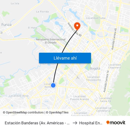 Estación Banderas (Av. Américas - Kr 78a) (A) to Hospital Engativa map