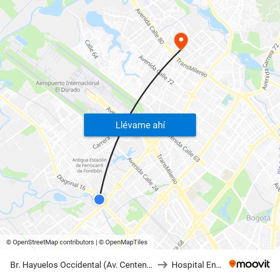 Br. Hayuelos Occidental (Av. Centenario - Kr 87) to Hospital Engativa map