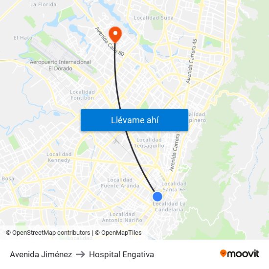 Avenida Jiménez to Hospital Engativa map