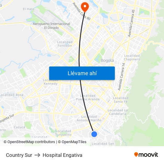 Country Sur to Hospital Engativa map