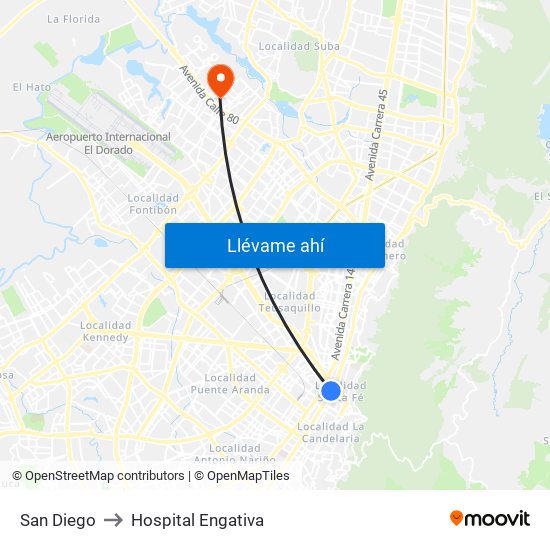 San Diego to Hospital Engativa map
