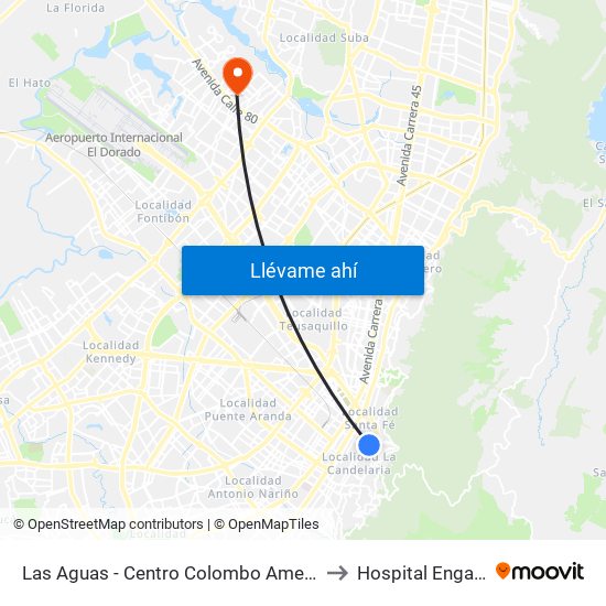 Las Aguas - Centro Colombo Americano to Hospital Engativa map