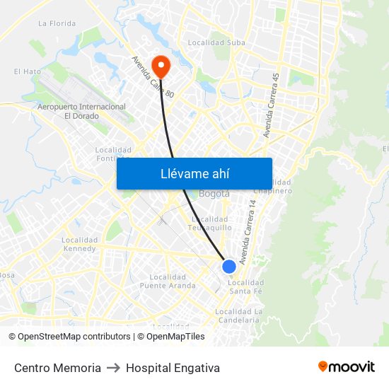 Centro Memoria to Hospital Engativa map