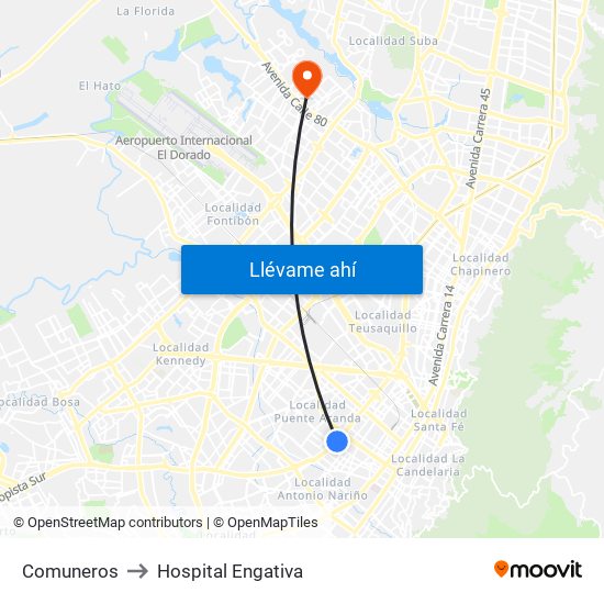 Comuneros to Hospital Engativa map