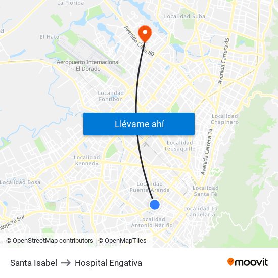 Santa Isabel to Hospital Engativa map