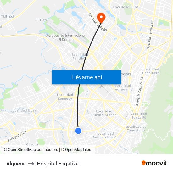 Alquería to Hospital Engativa map