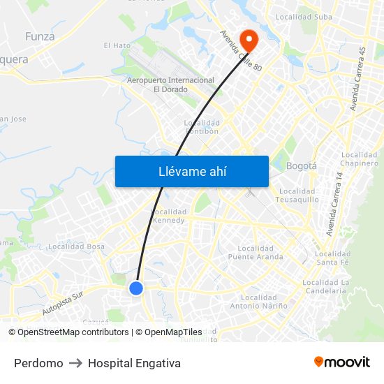 Perdomo to Hospital Engativa map