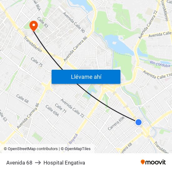 Avenida 68 to Hospital Engativa map
