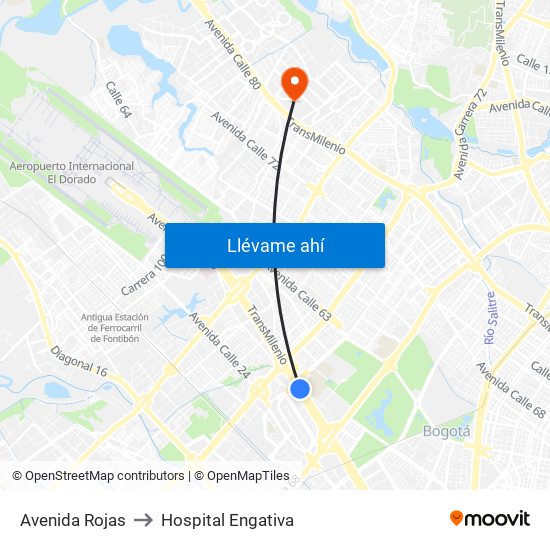 Avenida Rojas to Hospital Engativa map