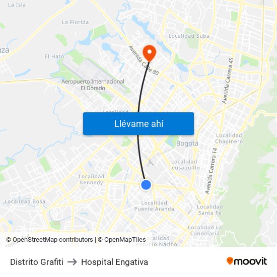 Distrito Grafiti to Hospital Engativa map