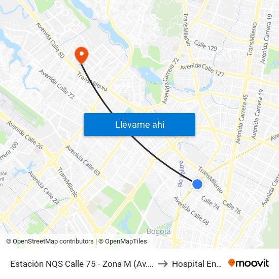 Estación NQS Calle 75 - Zona M (Av. NQS - Cl 75) to Hospital Engativa map