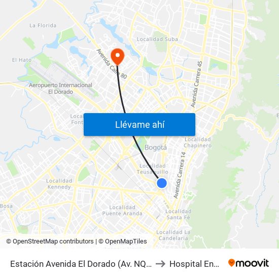 Estación Avenida El Dorado (Av. NQS - Cl 40a) to Hospital Engativa map