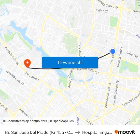 Br. San José Del Prado (Kr 45a - Cl 137) to Hospital Engativa map