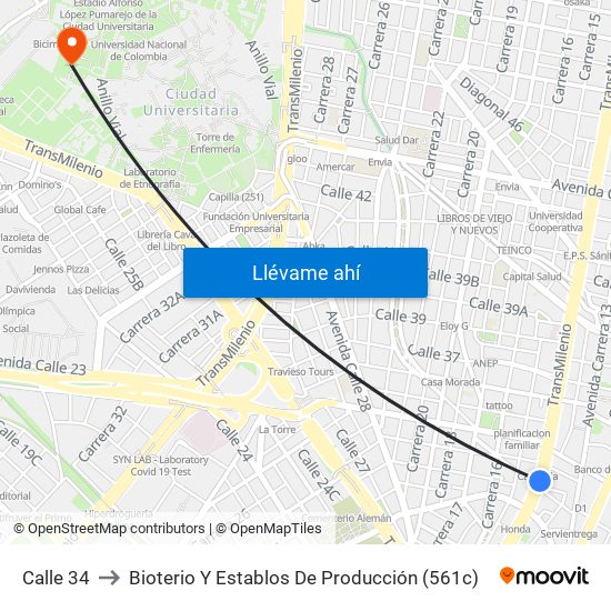 Calle 34 to Bioterio Y Establos De Producción (561c) map