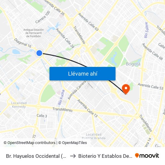 Br. Hayuelos Occidental (Av. Centenario - Kr 87) to Bioterio Y Establos De Producción (561c) map